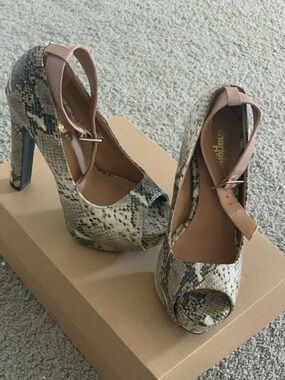 Charlotte Russe Taupe Snakeskin Peep-Toe Platform Heels